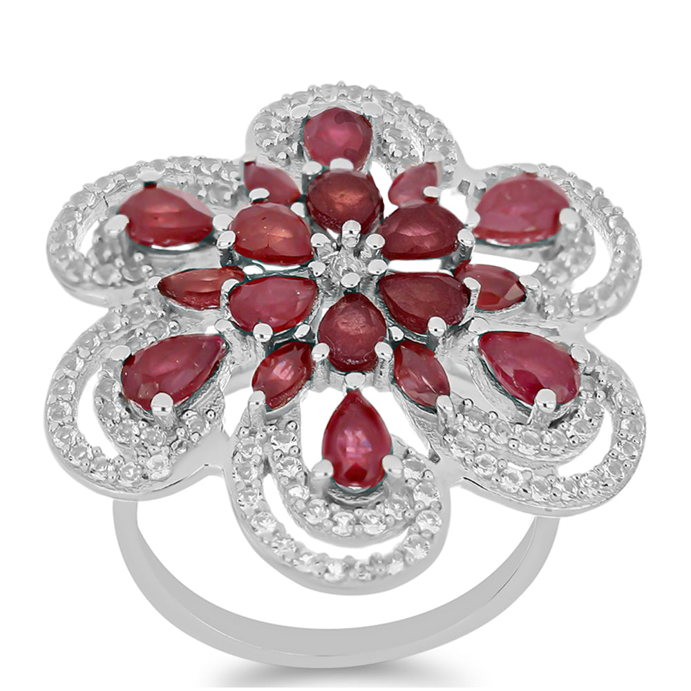 Stříbrný Prsten s Madagaskarským Rubínem a Bílým Topazem