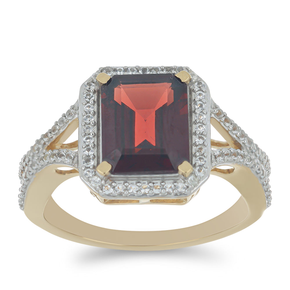 Pozlacené Stříbro 925/1000 - Prsten s Bartonským Granátem a Bílým Topazem - Karátové číslo: 4.2. přibližná hmotnost: 4.48 gramů