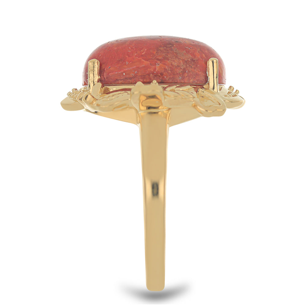 Pozlacené Stříbro 925/1000 - Prsten s Červeným Houbovým Korálem - Karátové číslo: 7.68. přibližná hmotnost: 7.33 gramů 4 