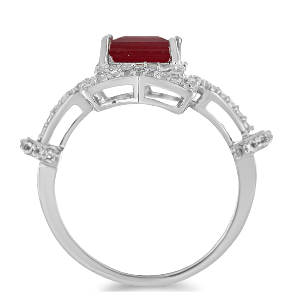 Stříbro 925/1000 - Prsten s Madagaskarským Rubínem a Bílým Topazem - Karátové číslo: 6.74. přibližná hmotnost: 6.6 gramů