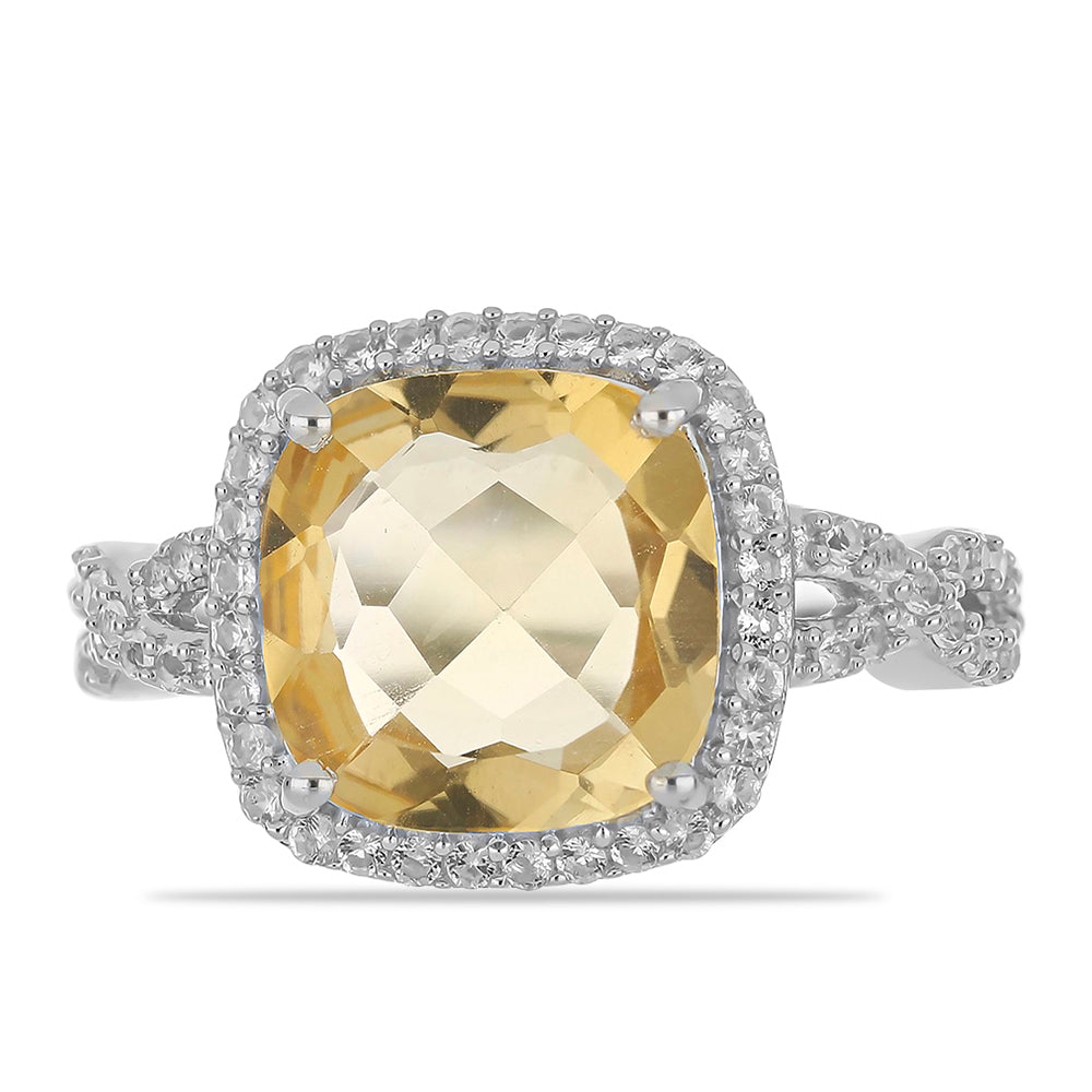 Stříbro 925/1000 - Prsten s Uralským Citrínem a Bílým Topazem - Karátové číslo: 4.93. přibližná hmotnost: 3.99 gramů