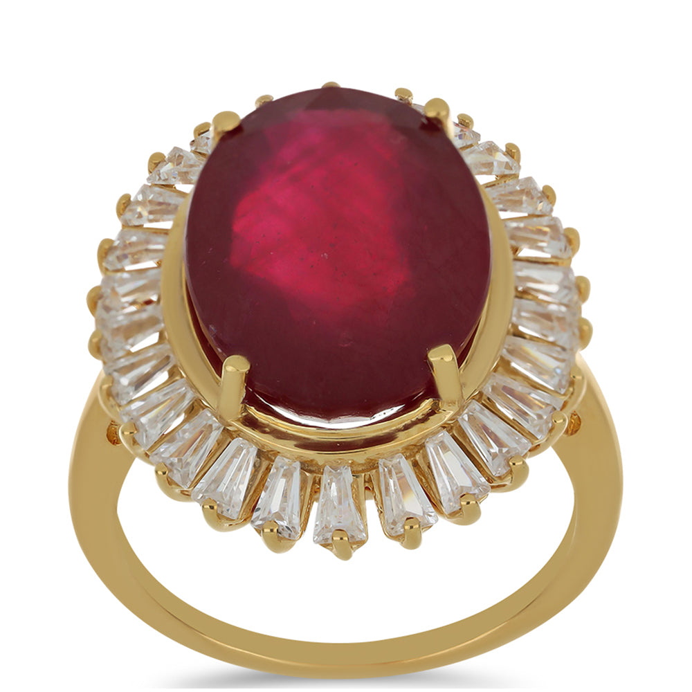 Pozlacené Stříbro 925/1000 - Prsten s Madagaskarským Rubínem a Bílým Zirkonem - Karátové číslo: 13.64. přibližná hmotnost: 6.76 gramů 2 