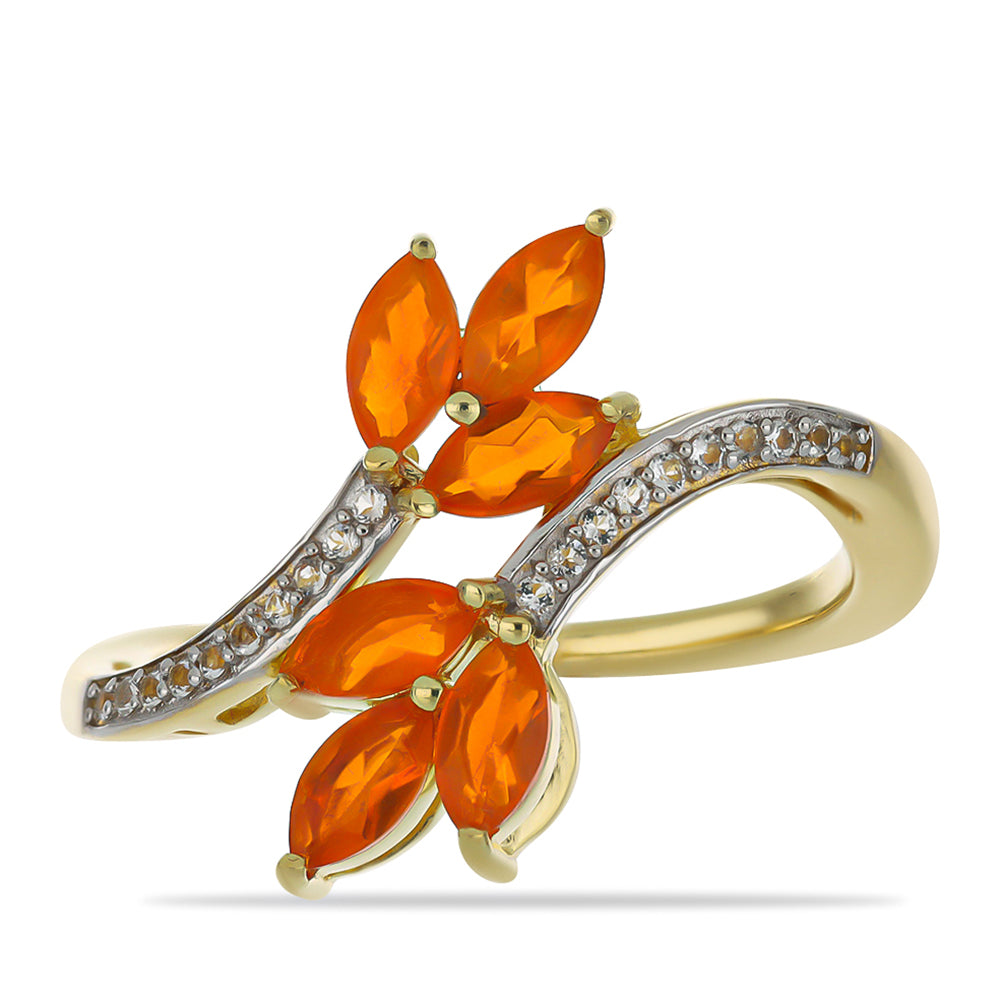 Pozlacené stříbro 925/1000 Prsten s Ohnivě Červeným Opálem z Lega Dembi a Bílým Topazem - Karátové číslo: 1. přibližná hmotnost: 3.74 gramů 1 