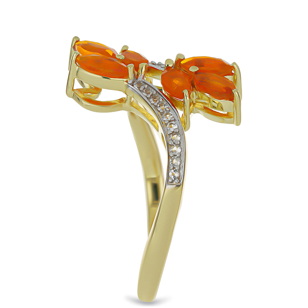 Pozlacené stříbro 925/1000 Prsten s Ohnivě Červeným Opálem z Lega Dembi a Bílým Topazem - Karátové číslo: 1. přibližná hmotnost: 3.74 gramů