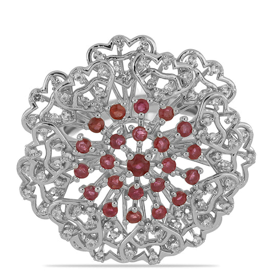 Stříbro 925/1000 - Prsten s Madagaskarským Rubínem a Bílým Topazem - Karátové číslo: 4.22. přibližná hmotnost: 8.46 gramů