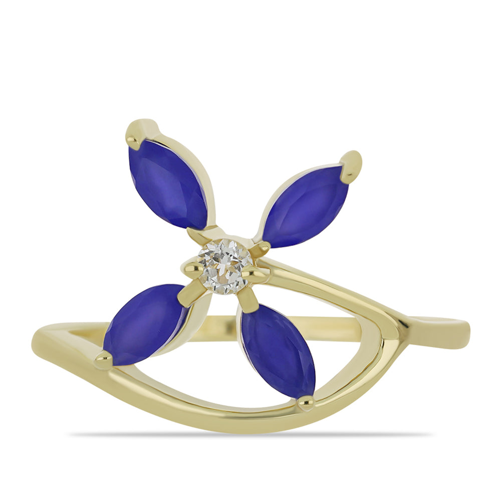 Pozlacené Stříbro 925/1000 - Prsten s Modrým Achátem a Bílým Topazem - Karátové číslo: 1.26. přibližná hmotnost: 3.3 gramů