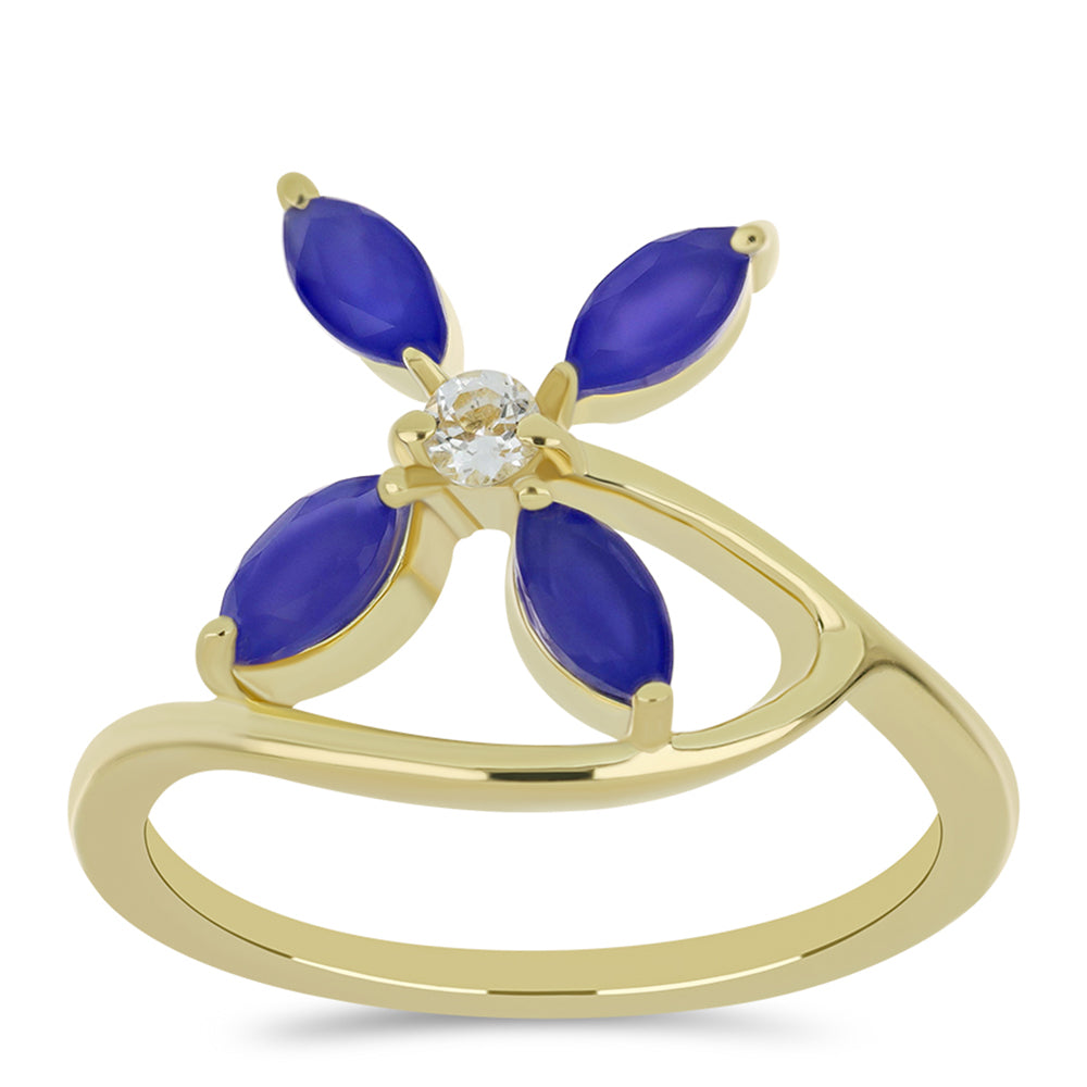 Pozlacené Stříbro 925/1000 - Prsten s Modrým Achátem a Bílým Topazem - Karátové číslo: 1.26. přibližná hmotnost: 3.3 gramů