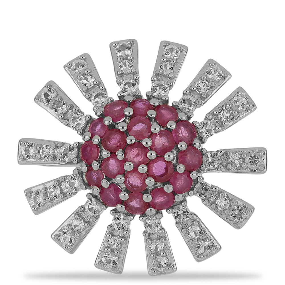 Stříbro 925/1000 - Prsten s Madagaskarským Rubínem a Bílým Topazem - Karátové číslo: 1.55. přibližná hmotnost: 4.39 gramů