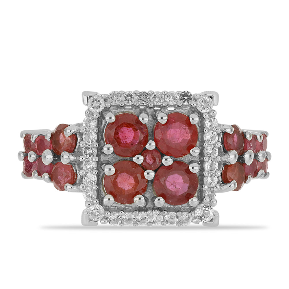 Stříbro 925/1000 - Prsten s Madagaskarským Rubínem a Bílým Topazem - Karátové číslo: 3.72. přibližná hmotnost: 4.57 gramů