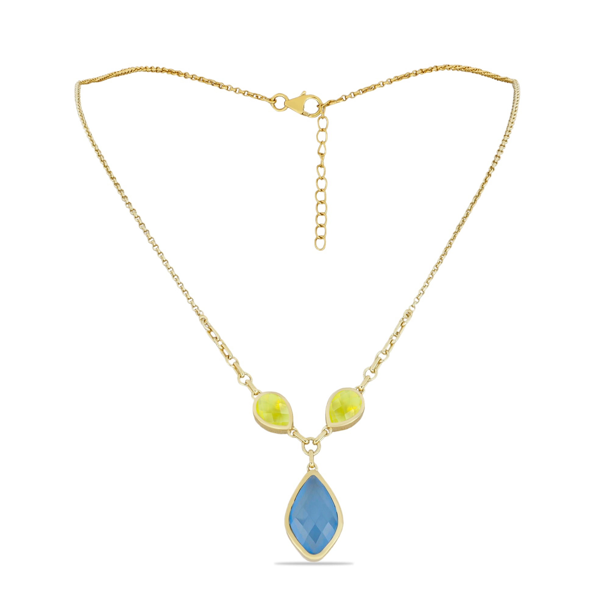 Pozlacené Stříbro 925/1000 - Náhrdelník s Citrónovým Chalcedonem a Modrým Chalcedonem - Karátové číslo: 10.04. přibližná hmotnost: 11.92 gramů 1 