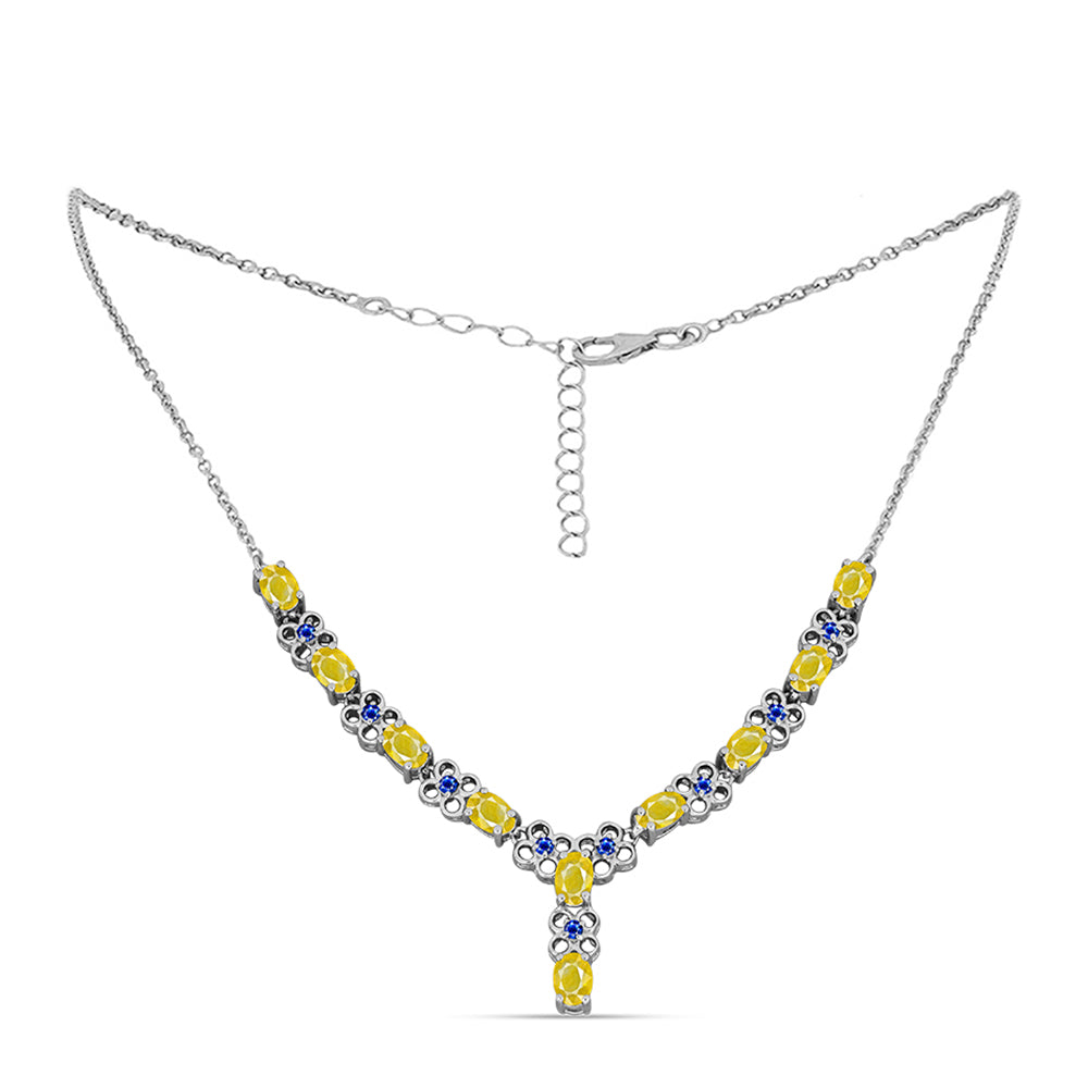 Stříbro 925/1000 - Náhrdelník se Žlutým Safírem a Australským Modrým Safírem - Karátové číslo: 6.97. přibližná hmotnost: 8.36 gramů