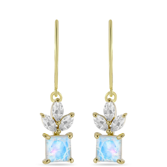 Pozlacené Stříbrné Náušnice s Duhovým Měsíčním Kamenem a Bílým Topazem