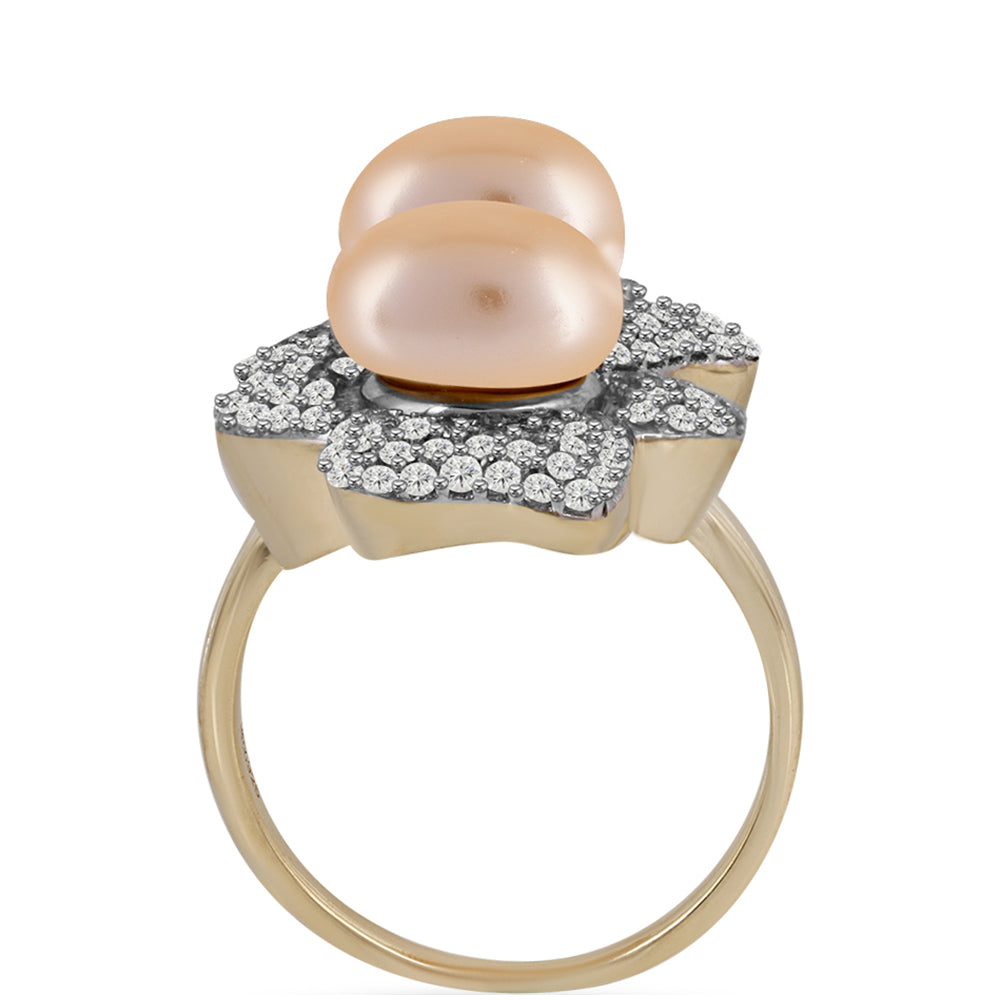 Pozlacené Stříbro 925/1000 - Prsten se Zlatou Sladkovodní Perlou a Bílým Topazem - Karátové číslo: 10.51. přibližná hmotnost: 11.5 gramů