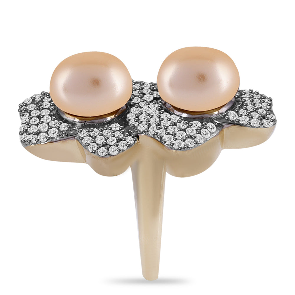 Pozlacené Stříbro 925/1000 - Prsten se Zlatou Sladkovodní Perlou a Bílým Topazem - Karátové číslo: 10.51. přibližná hmotnost: 11.5 gramů