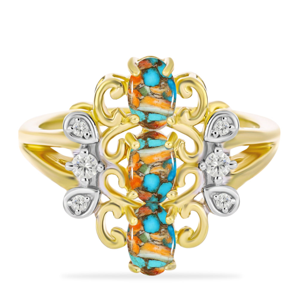 Pozlacený Stříbrný Prsten s Ústřicovým Tyrkysem a Bílým Topazem 1 