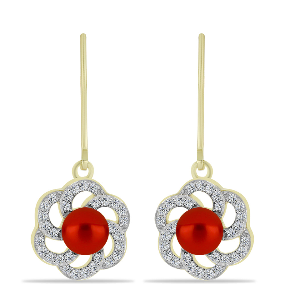 Pozlacené Stříbrné Náušnice s Červená sladkovodní Perlou a Bílým Topazem 1 