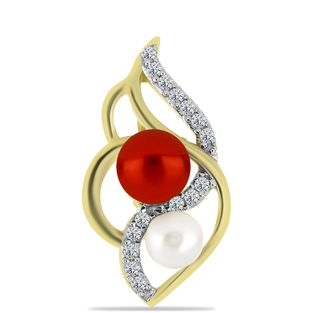 Pozlacené Stříbrné Náušnice s Červená sladkovodní Perlou a Bílým Topazem