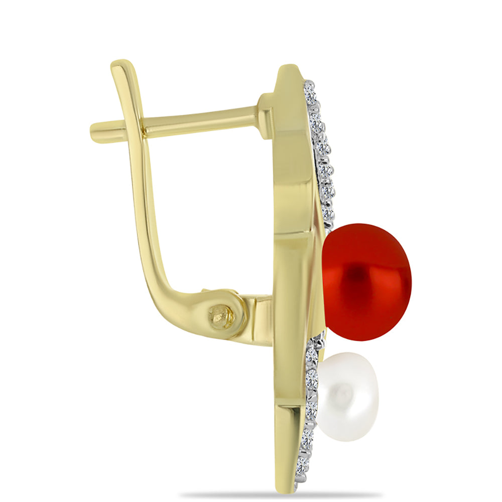 Pozlacené Stříbrné Náušnice s Červená sladkovodní Perlou a Bílým Topazem 2 