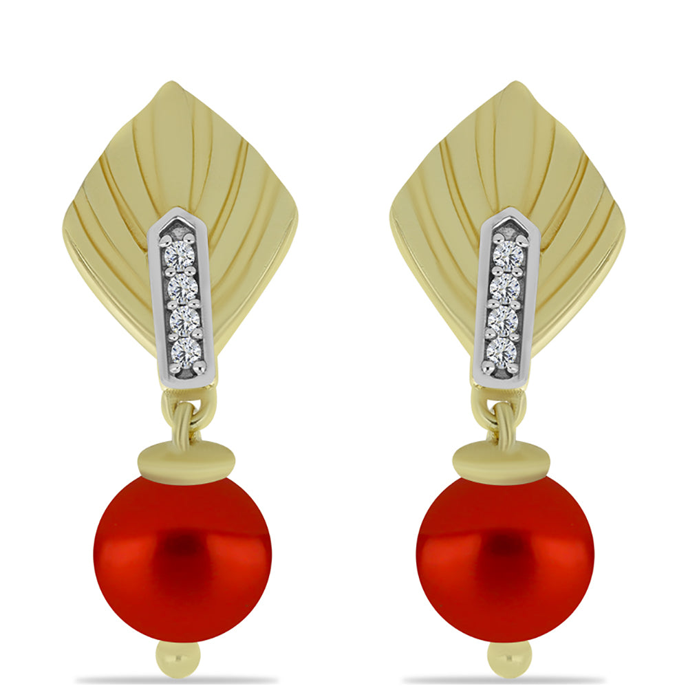 Pozlacené Stříbrné Náušnice s Červená sladkovodní Perlou a Bílým Topazem 1 