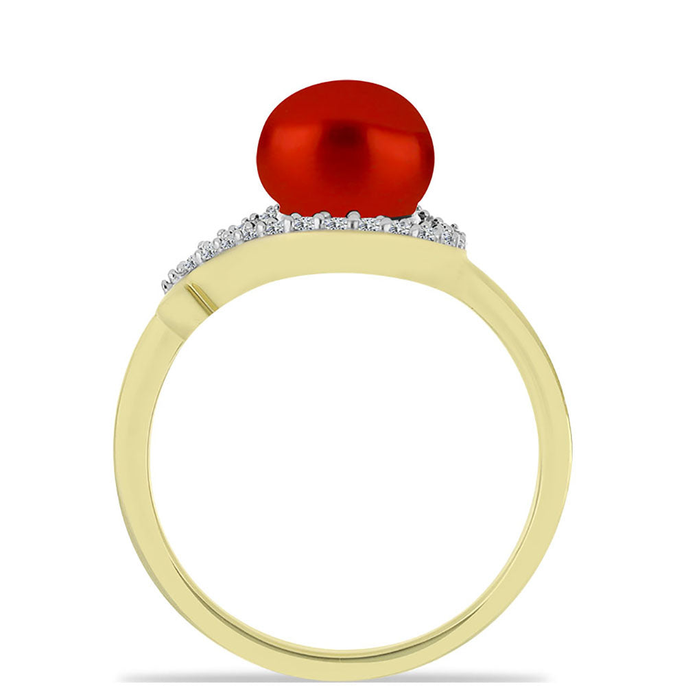 Pozlacené Stříbro 925/1000 - Prsten s Červená sladkovodní Perlou a Bílým Topazem - Karátové číslo: 2.75. přibližná hmotnost: 2.88 gramů 2 