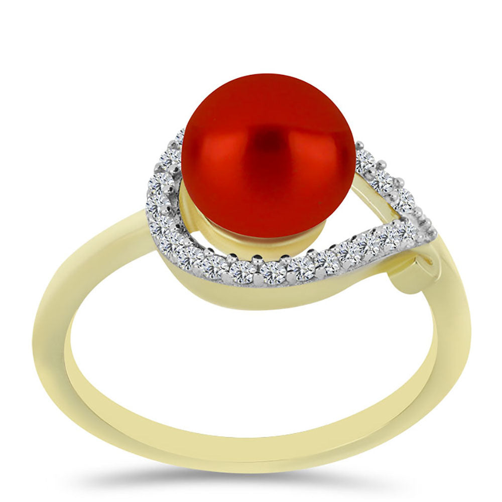 Pozlacené Stříbro 925/1000 - Prsten s Červená sladkovodní Perlou a Bílým Topazem - Karátové číslo: 2.75. přibližná hmotnost: 2.88 gramů 3 