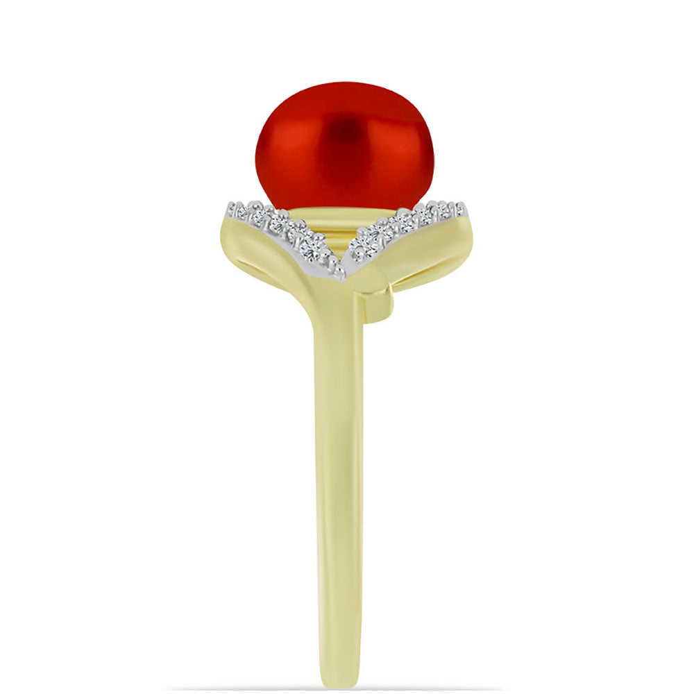 Pozlacené Stříbro 925/1000 - Prsten s Červená sladkovodní Perlou a Bílým Topazem - Karátové číslo: 2.75. přibližná hmotnost: 2.88 gramů 4 