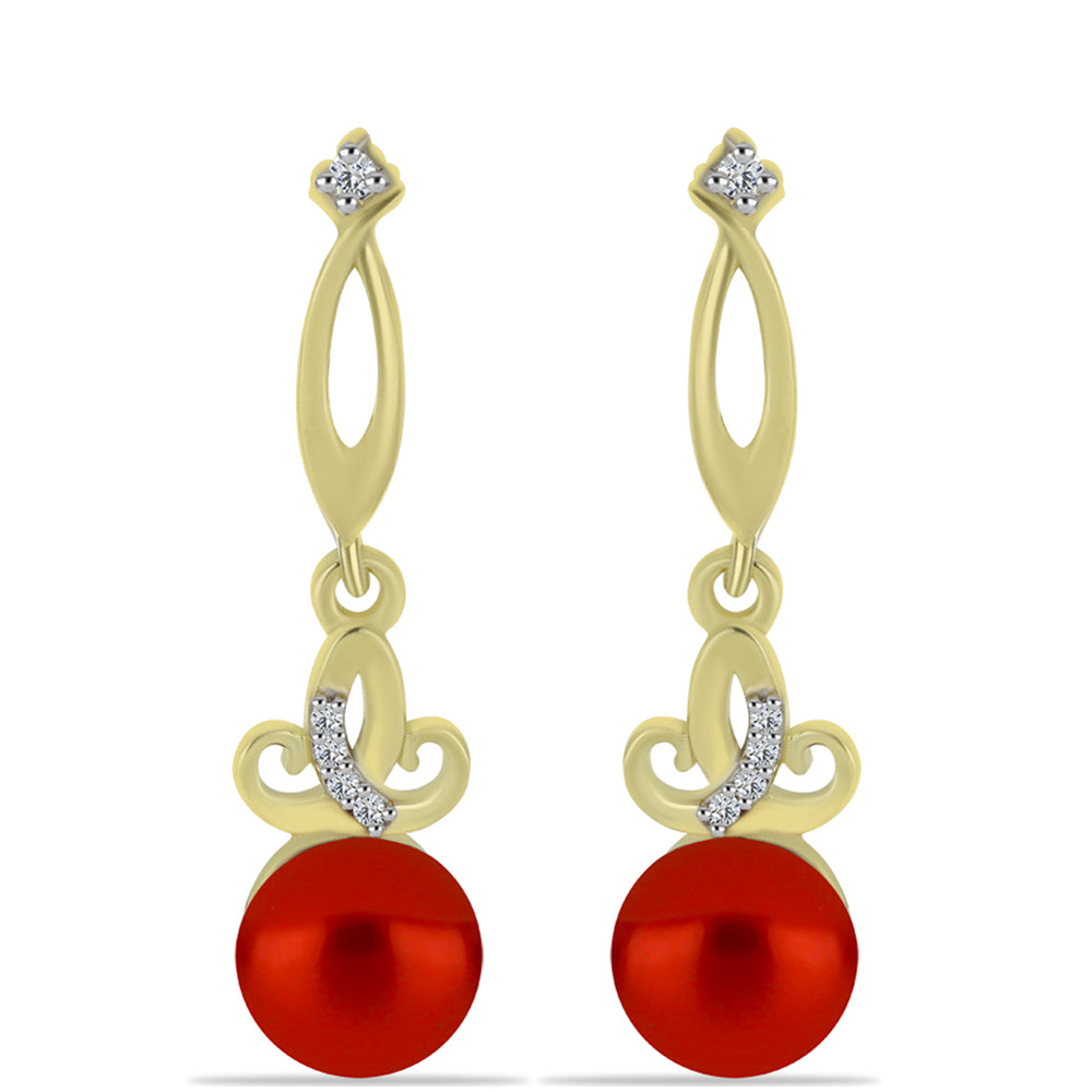 Pozlacené Stříbrné Náušnice s Červená sladkovodní Perlou a Bílým Topazem