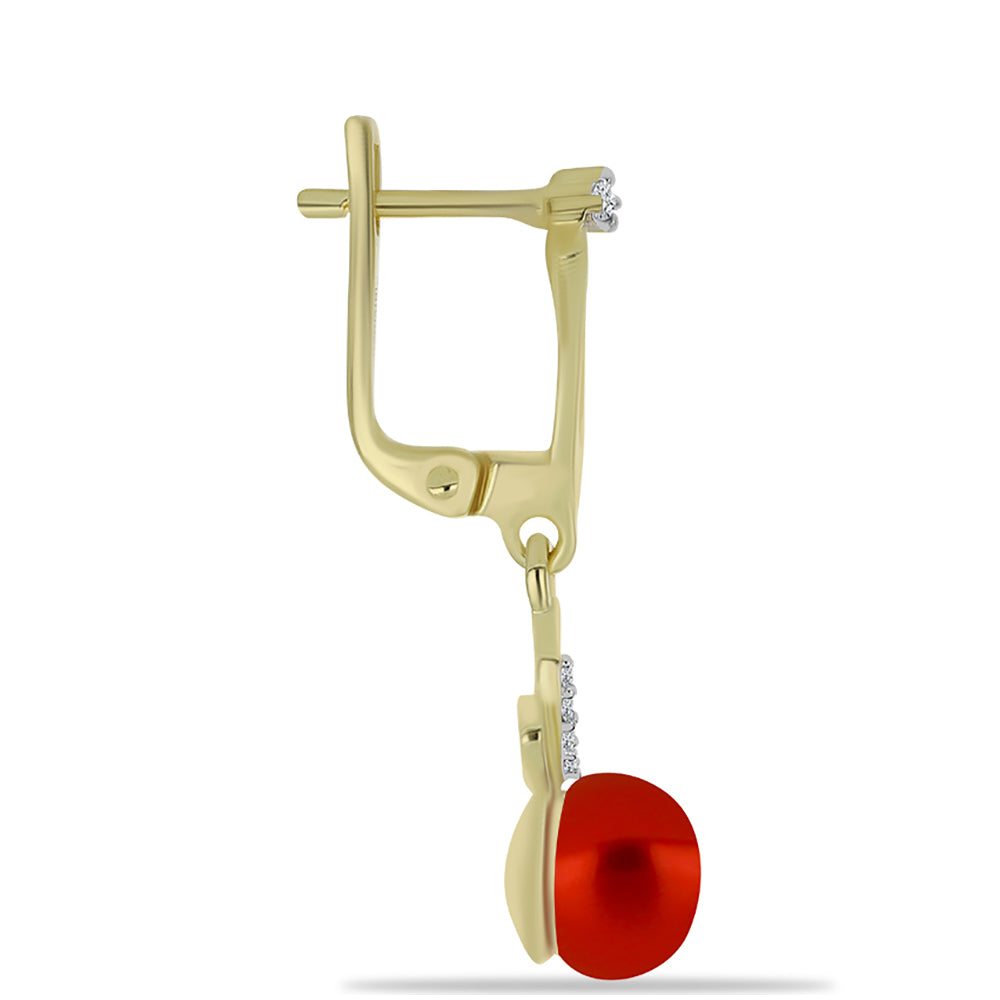 Pozlacené Stříbrné Náušnice s Červená sladkovodní Perlou a Bílým Topazem