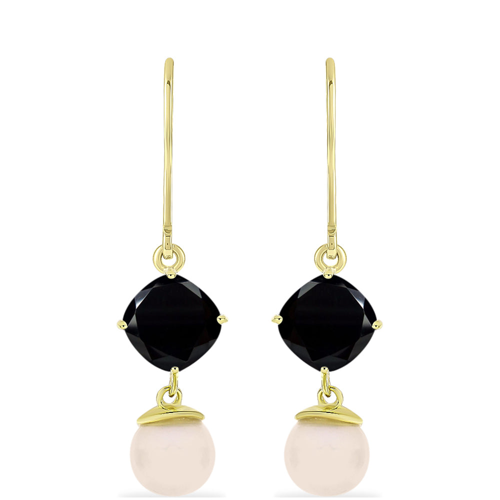 Pozlacené Stříbro 925/1000 - Náušnice s Černým Suwarským Onyxem a Bílou Sladkovodní Perlou - Karátové číslo: 10.64. přibližná hmotnost: 4.36 gramů 1 