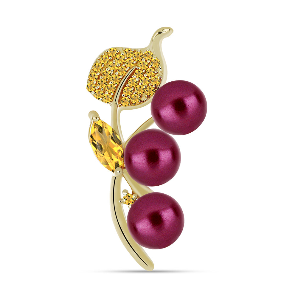 Pozlacené Stříbro 925/1000 - Brož s Fialová Sladkovodní Perlou a Uralským Citrínem - Karátové číslo: 3.74. přibližná hmotnost: 3.52 gramů