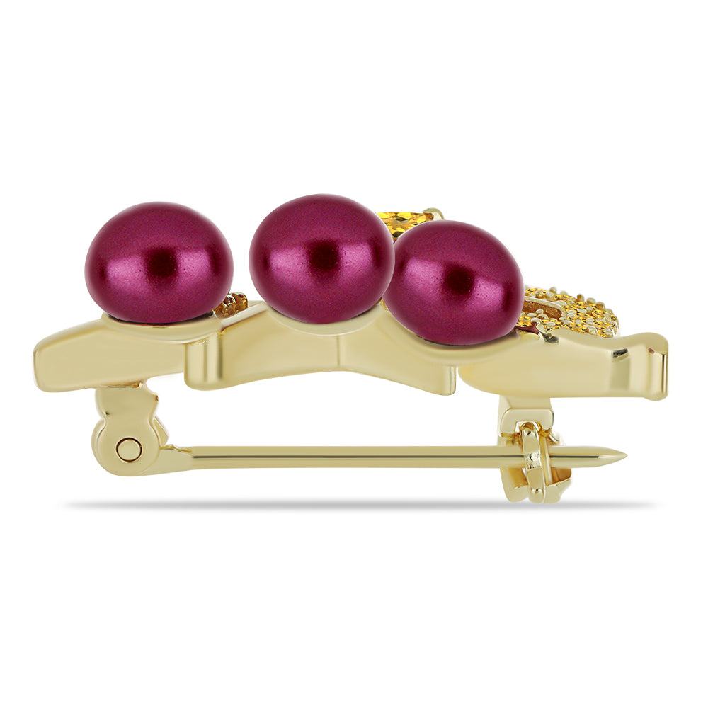 Pozlacené Stříbro 925/1000 - Brož s Fialová Sladkovodní Perlou a Uralským Citrínem - Karátové číslo: 3.74. přibližná hmotnost: 3.52 gramů