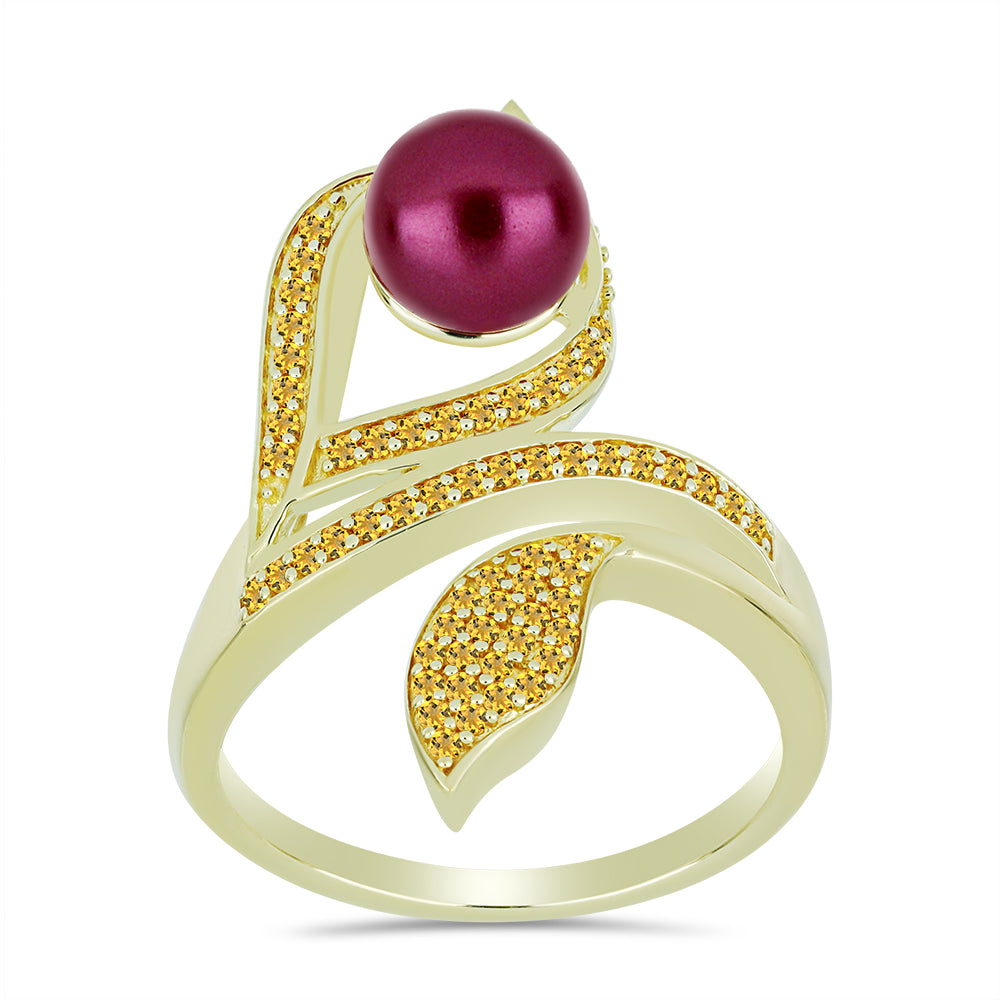 Pozlacené Stříbro 925/1000 - Prsten s Fialová Sladkovodní Perlou a Uralským Citrínem - Karátové číslo: 2.91. přibližná hmotnost: 6.32 gramů