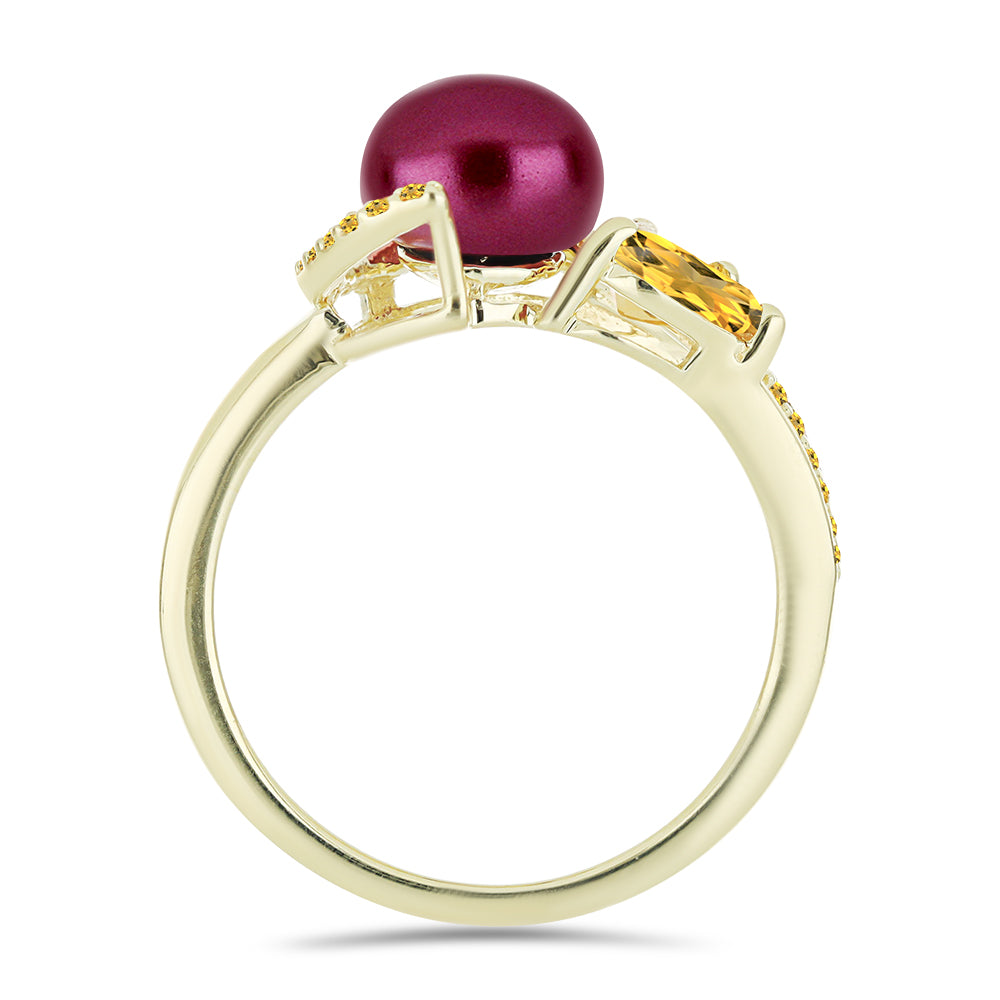 Pozlacené Stříbro 925/1000 - Prsten s Fialová Sladkovodní Perlou a Uralským Citrínem - Karátové číslo: 3.33. přibližná hmotnost: 3.43 gramů