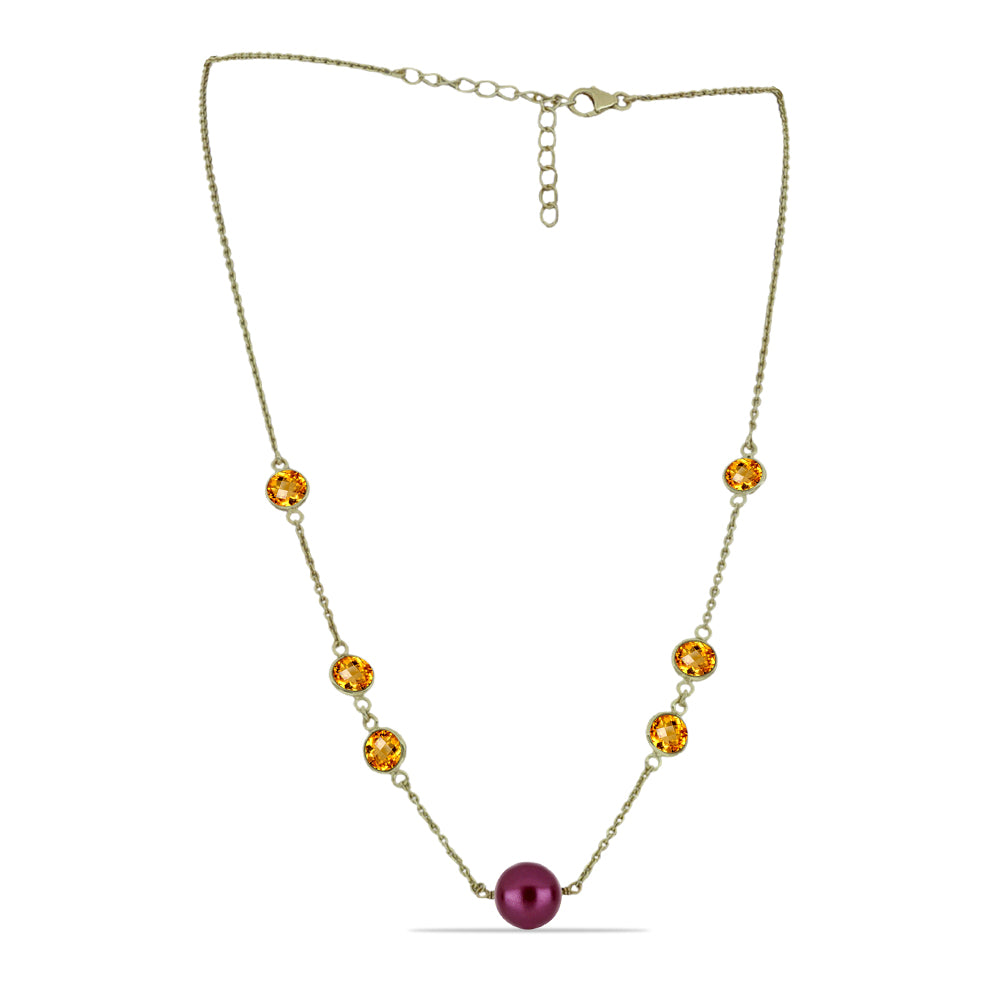 Pozlacené Stříbro 925/1000 - Náhrdelník s Fialová Sladkovodní Perlou a Uralským Citrínem - Karátové číslo: 10.06. přibližná hmotnost: 5.08 gramů 1 