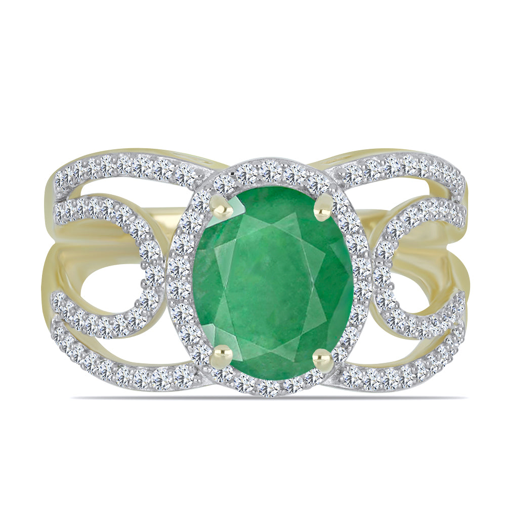 Pozlacené Stříbro 925/1000 - Prsten s Brazilským Smaragdem a Bílým Topazem - Karátové číslo: 3.09. přibližná hmotnost: 4.67 gramů 1 