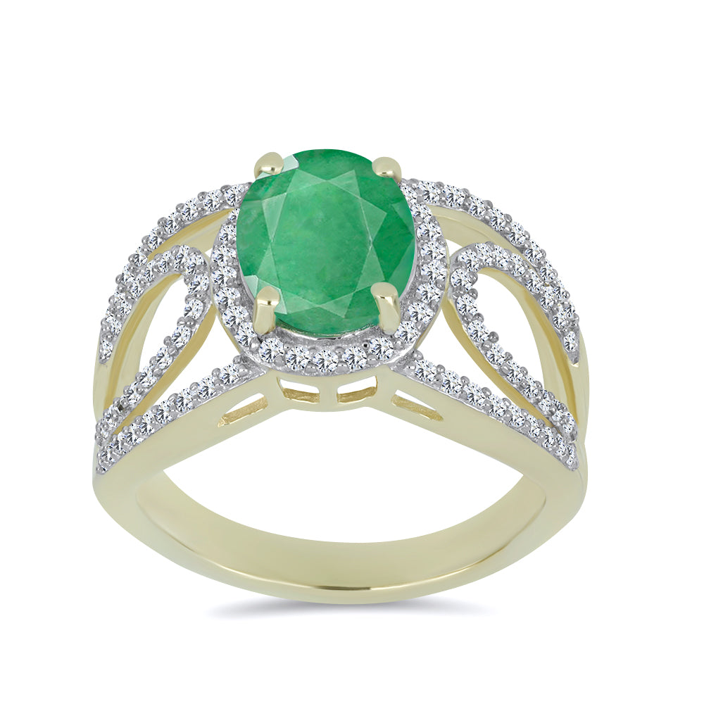 Pozlacené Stříbro 925/1000 - Prsten s Brazilským Smaragdem a Bílým Topazem - Karátové číslo: 3.09. přibližná hmotnost: 4.67 gramů