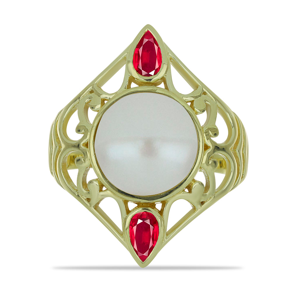 Pozlacené Stříbro 925/1000 - Prsten s Bílou Sladkovodní Perlou a Madagaskarským Rubínem - Karátové číslo: 7. přibližná hmotnost: 5.39 gramů 1 