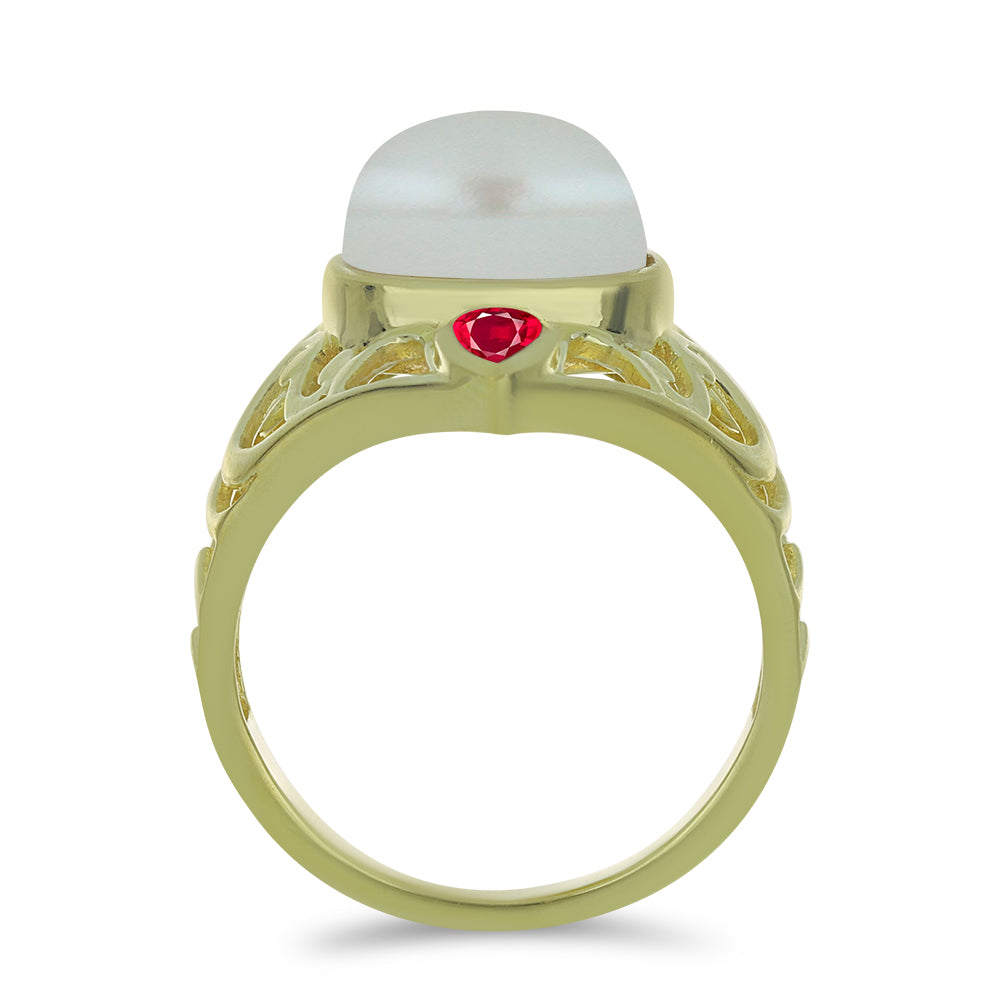 Pozlacené Stříbro 925/1000 - Prsten s Bílou Sladkovodní Perlou a Madagaskarským Rubínem - Karátové číslo: 7. přibližná hmotnost: 5.39 gramů 2 
