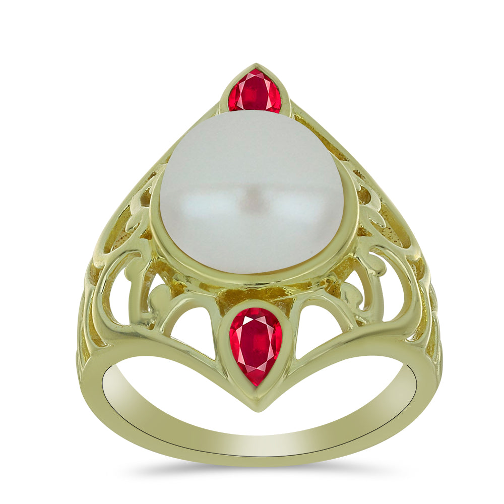 Pozlacené Stříbro 925/1000 - Prsten s Bílou Sladkovodní Perlou a Madagaskarským Rubínem - Karátové číslo: 7. přibližná hmotnost: 5.39 gramů 3 