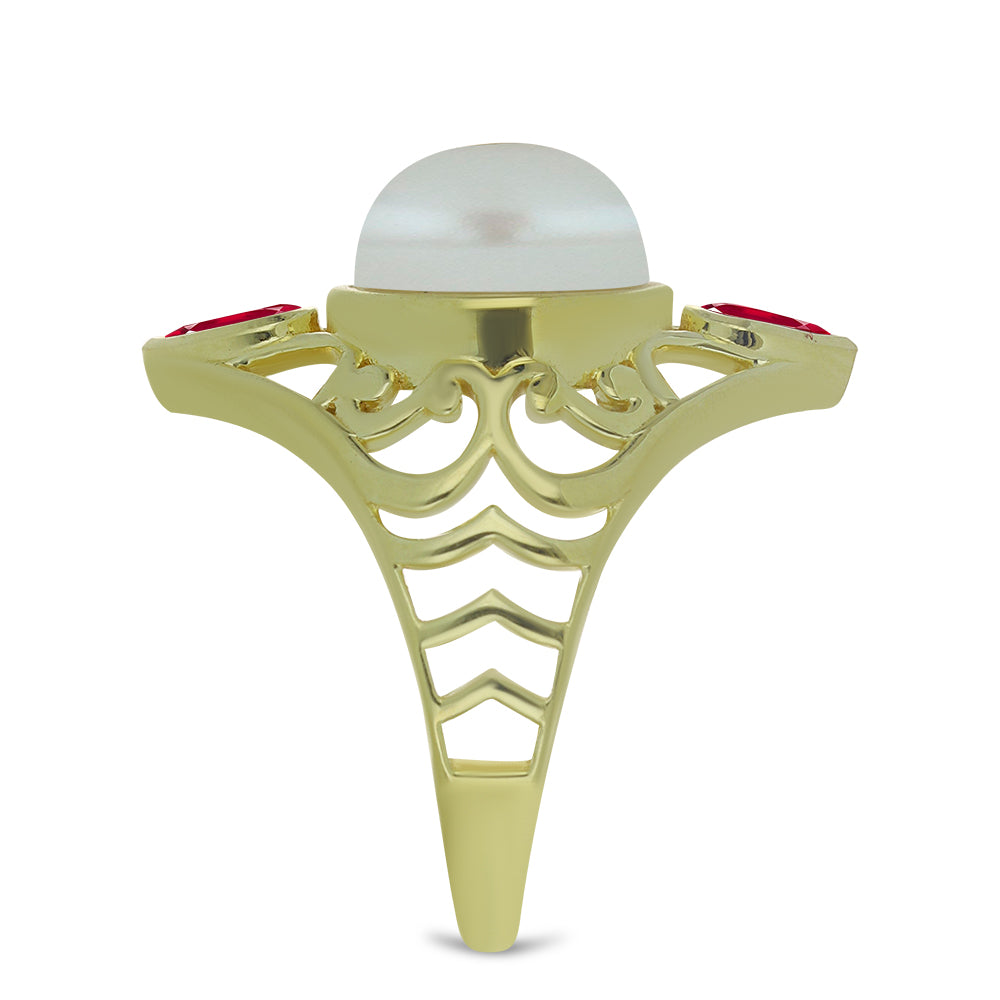 Pozlacené Stříbro 925/1000 - Prsten s Bílou Sladkovodní Perlou a Madagaskarským Rubínem - Karátové číslo: 7. přibližná hmotnost: 5.39 gramů 4 