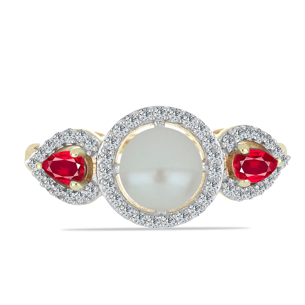 Pozlacené Stříbro 925/1000 - Prsten s Bílou Sladkovodní Perlou a Madagaskarským Rubínem - Karátové číslo: 4.13. přibližná hmotnost: 5.09 gramů 1 