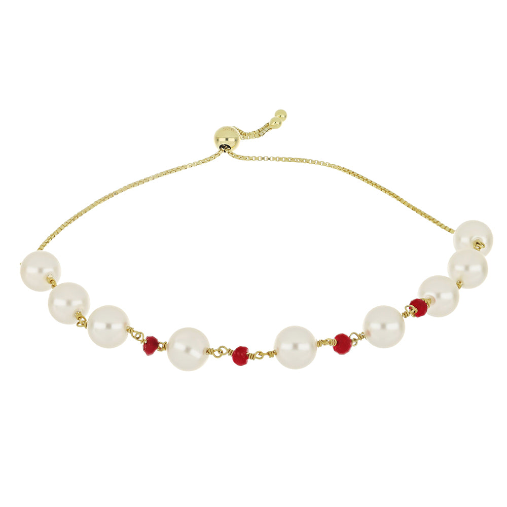 Pozlacené Stříbro 925/1000 - Náramek s Bílou Sladkovodní Perlou a Madagaskarským Rubínem - Karátové číslo: 30.48. přibližná hmotnost: 8.18 gramů