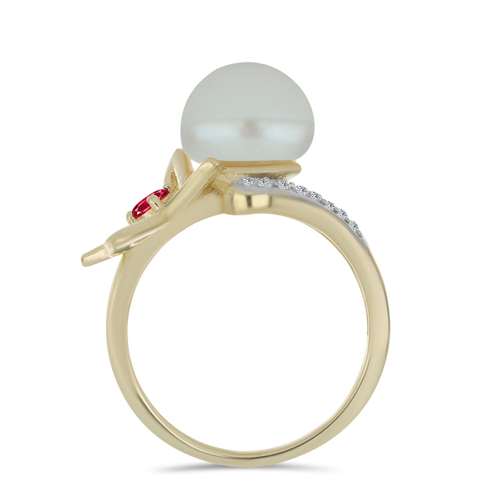 Pozlacené Stříbro 925/1000 - Prsten s Bílou Sladkovodní Perlou a Madagaskarským Rubínem - Karátové číslo: 6.42. přibližná hmotnost: 5.38 gramů 2 
