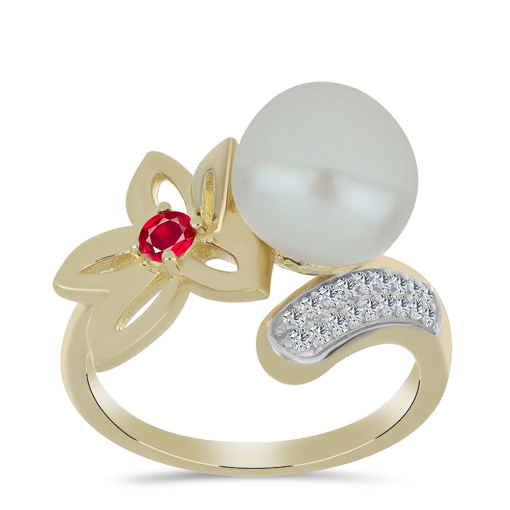 Pozlacené Stříbro 925/1000 - Prsten s Bílou Sladkovodní Perlou a Madagaskarským Rubínem - Karátové číslo: 6.42. přibližná hmotnost: 5.38 gramů