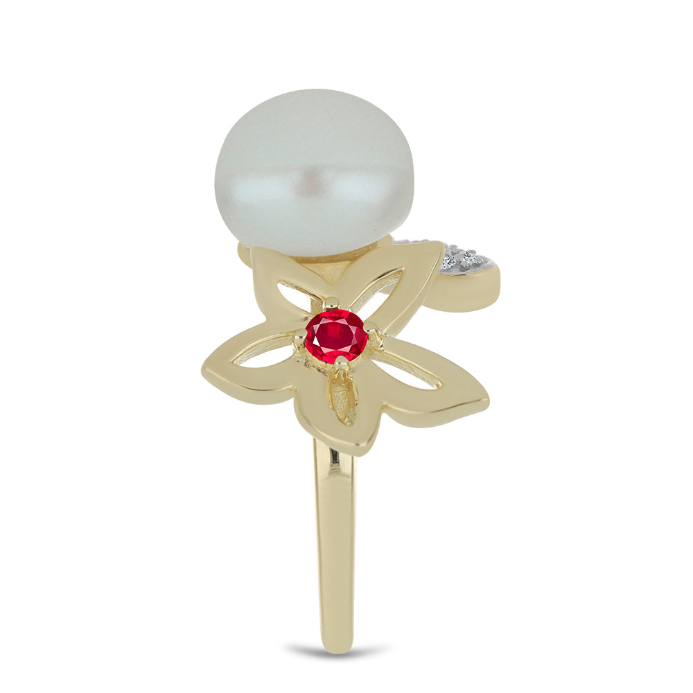 Pozlacené Stříbro 925/1000 - Prsten s Bílou Sladkovodní Perlou a Madagaskarským Rubínem - Karátové číslo: 6.42. přibližná hmotnost: 5.38 gramů
