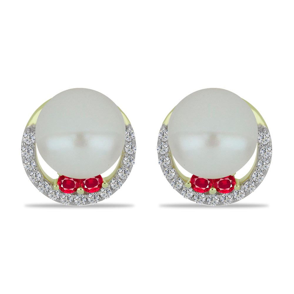 Pozlacené Stříbro 925/1000 - Náušnice s Bílou Sladkovodní Perlou a Madagaskarským Rubínem - Karátové číslo: 6.04. přibližná hmotnost: 3.13 gramů 1 