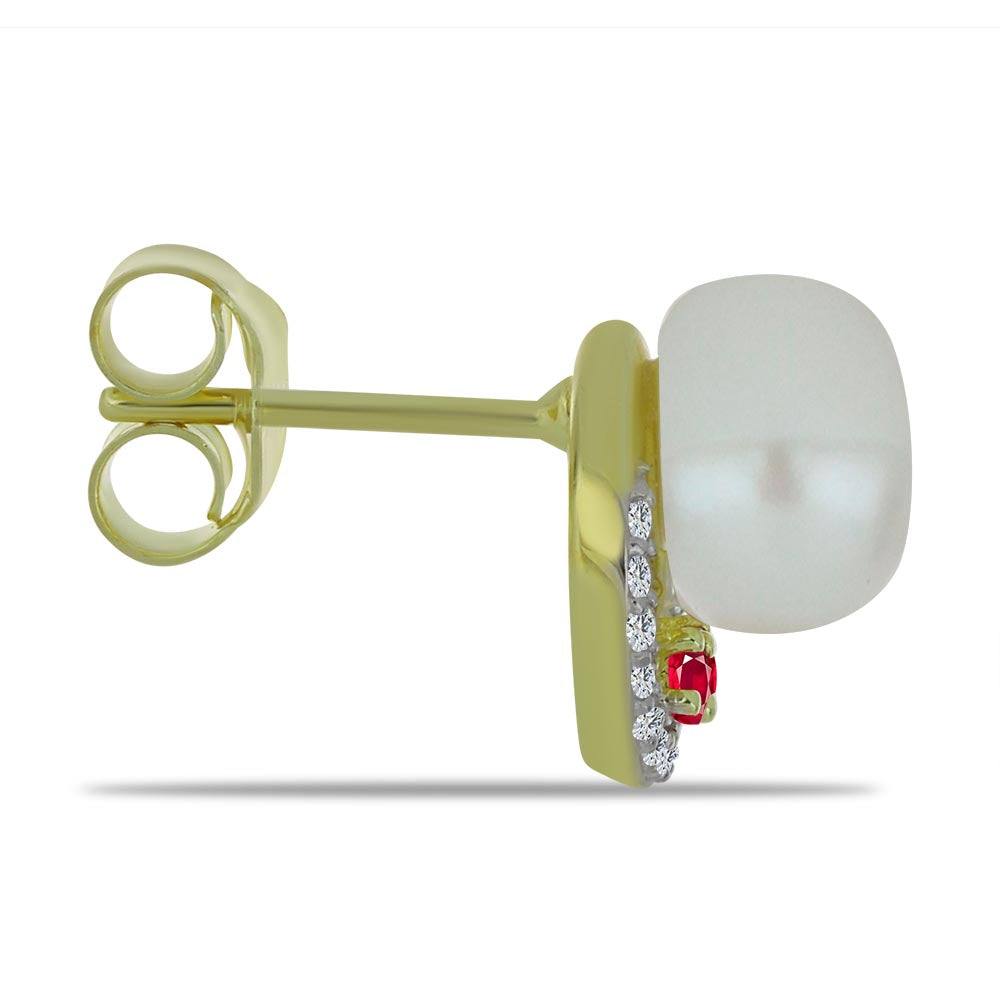 Pozlacené Stříbro 925/1000 - Náušnice s Bílou Sladkovodní Perlou a Madagaskarským Rubínem - Karátové číslo: 6.04. přibližná hmotnost: 3.13 gramů 2 