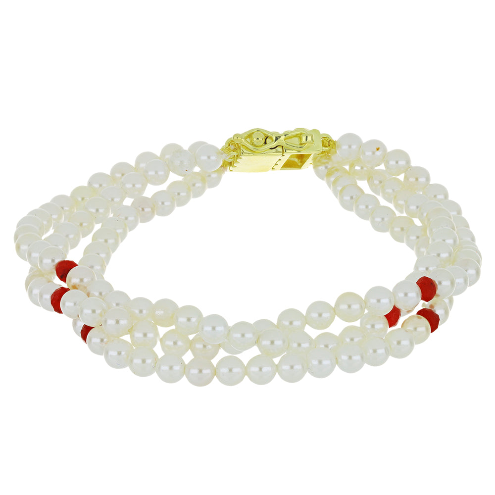 Pozlacené Stříbro 925/1000 - Náramek s Bílou Sladkovodní Perlou a Madagaskarským Rubínem - Karátové číslo: 61.47. přibližná hmotnost: 17.12 gramů 1 