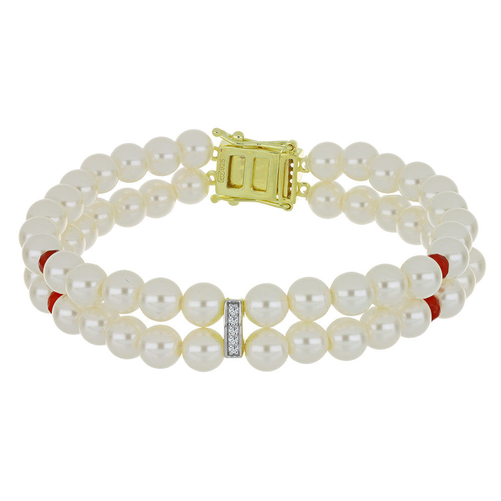 Pozlacené Stříbro 925/1000 - Náramek s Bílou Sladkovodní Perlou a Madagaskarským Rubínem - Karátové číslo: 82.16. přibližná hmotnost: 20.35 gramů 1 