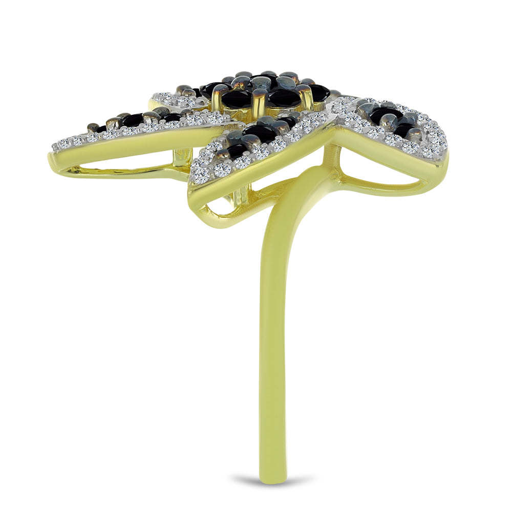 Pozlacené Stříbro 925/1000 - Prsten s Černým spinelem a Bílým Topazem - Karátové číslo: 1.63. přibližná hmotnost: 6.8 gramů